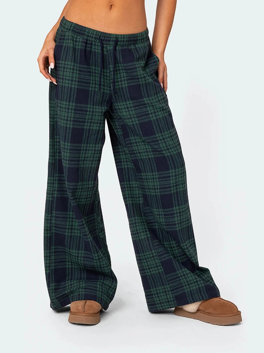 Pantaloni Oversize da Donna Y2K da Salotto Casual Quadri di Moda Elastici Vita Alta con Tasche Pigiama Homewear