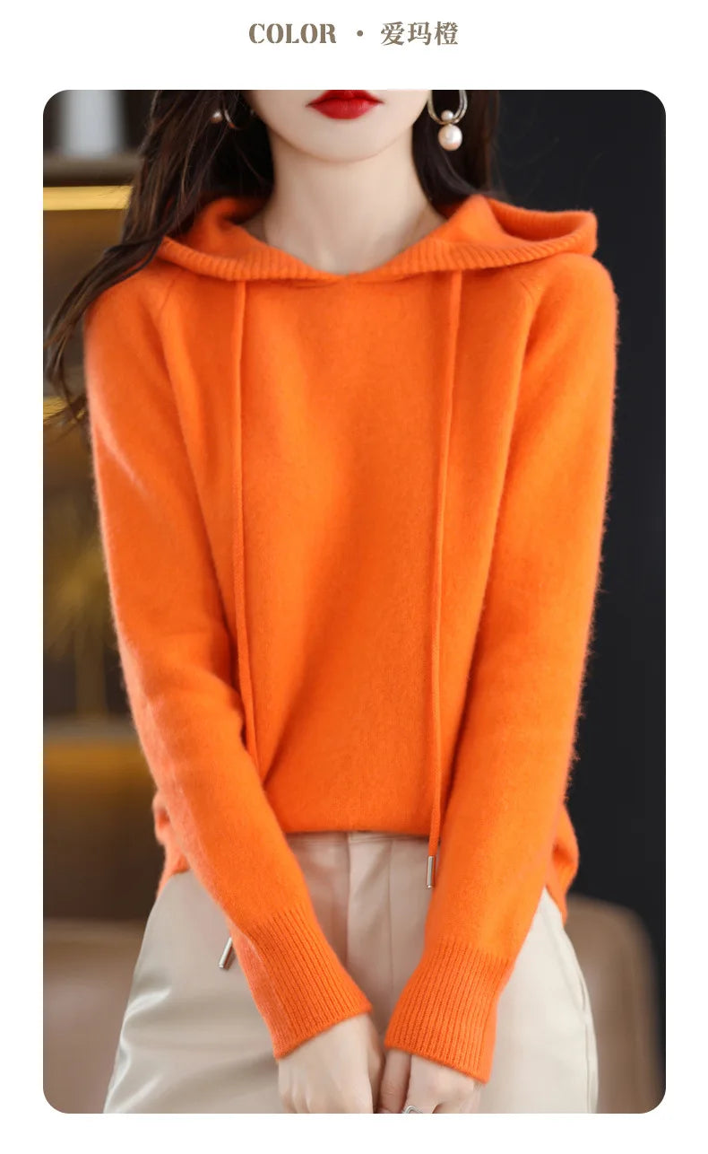 Maglione Con Cappuccio Donna Autunno Inverno Maniche Lunghe Tinta Unita Felpa Lavorata A Maglia Con Coulisse Allentate