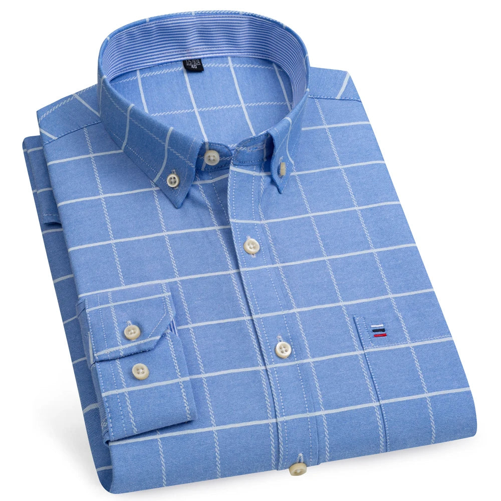 Camicia Da Uomo Oxford Abbottonata Maniche Lunghe In Cotone Al 100 Percento Con Tasca A Quadri Piccoli Stile Casual