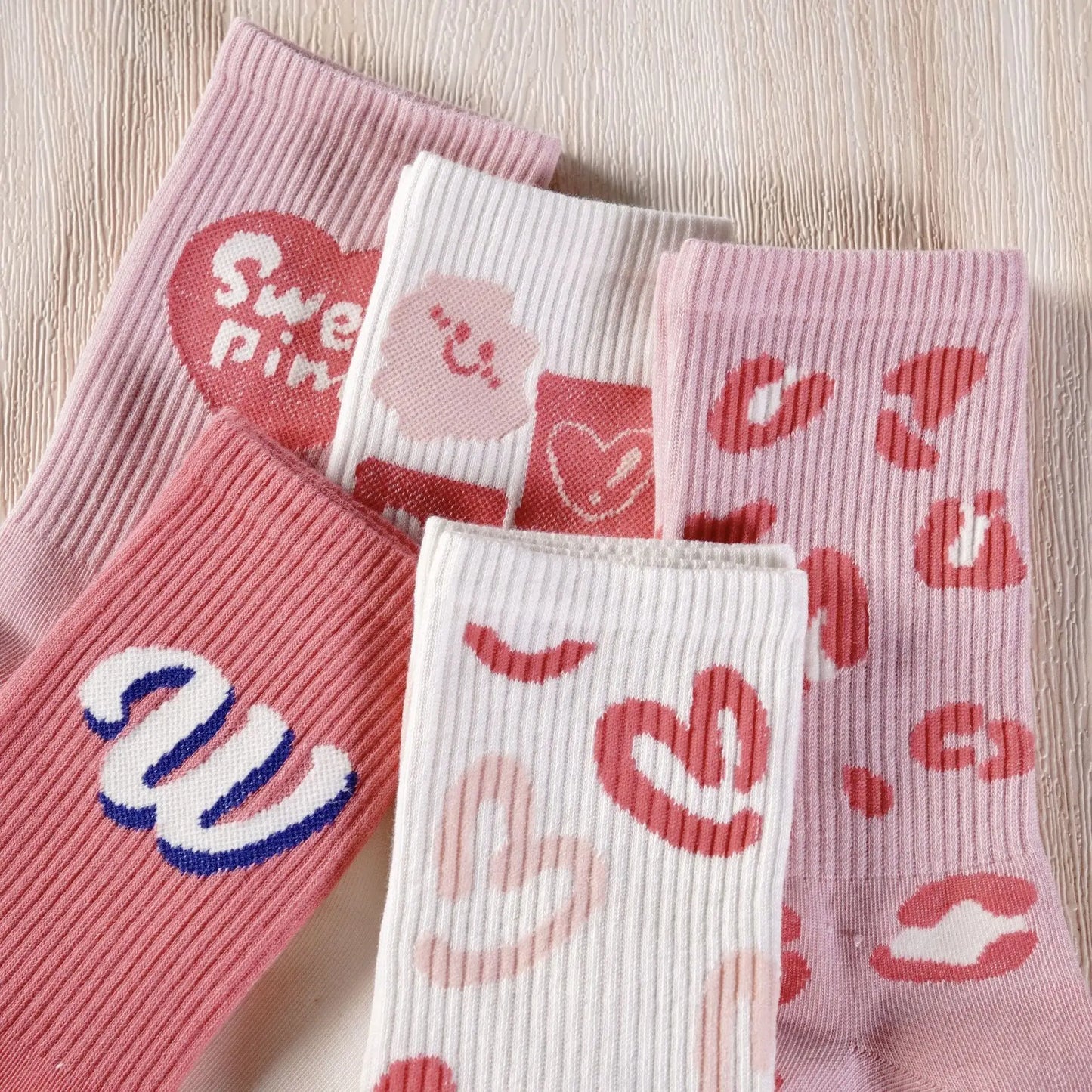 5 Paia Calzini Da Donna In Cotone Set Autunno Primavera Inverno Kawaii Harajuku Rosa Bianco Love Print