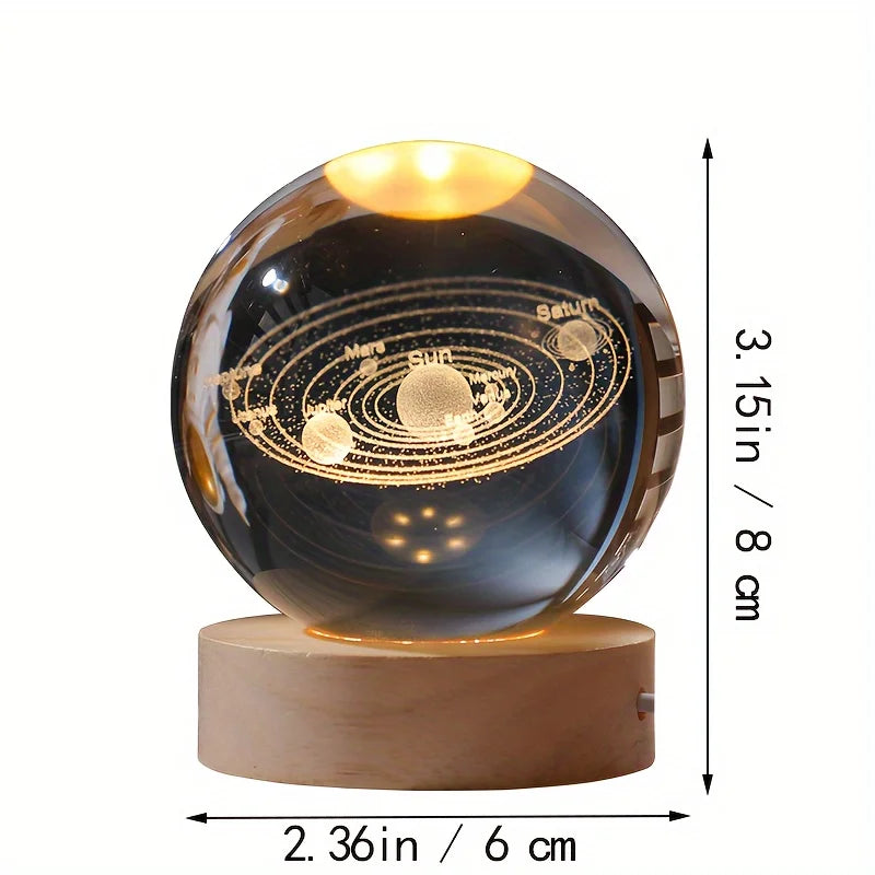 Lampada Notturna Sfera di Cristallo Incisa al Laser Regalo di Compleanno Decorazione da Scrivania con Base USB in Legno