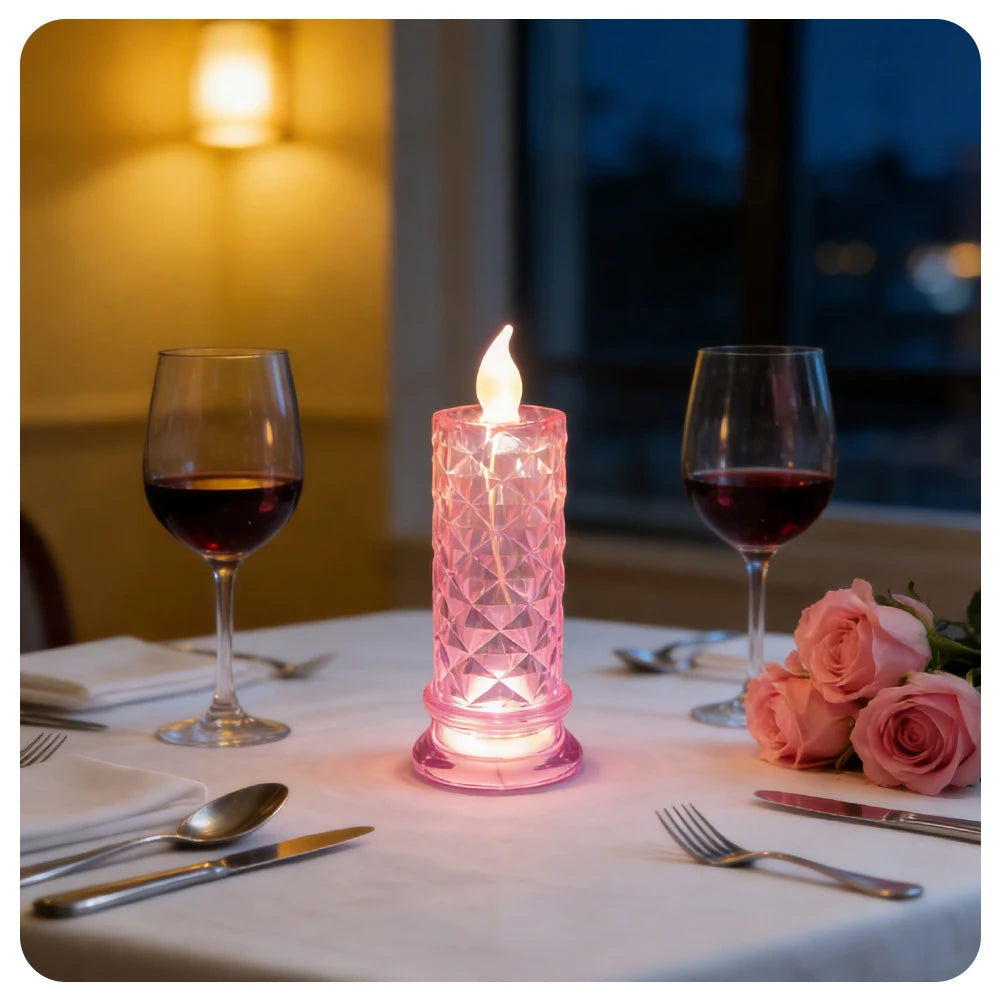 Candela LED In Acrilico Senza Fiamma Con Proiezione Rosa Notturna Romantica Per Feste Matrimonio E Decorazione Tavolo