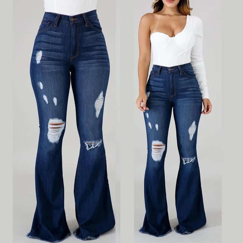 FENROOST Jeans Donna Vita Alta Elasticizzati Strappati Zampa D'Elefante Denim Distressed Vintage Slim