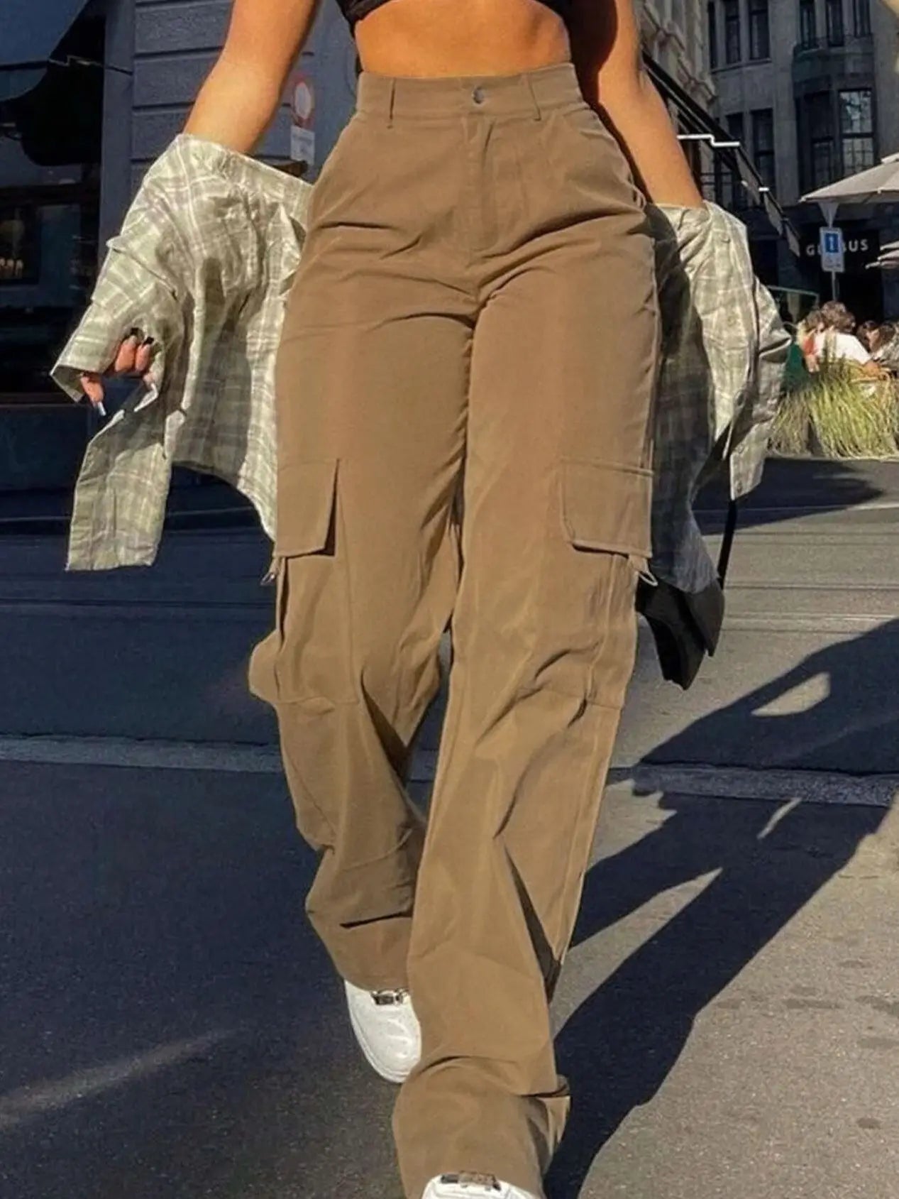 Pantaloni Cargo Da Donna Vita Alta Tinta Unita Con Bottoni E Tasche Casual Da Strada Per Tutte Le Stagioni