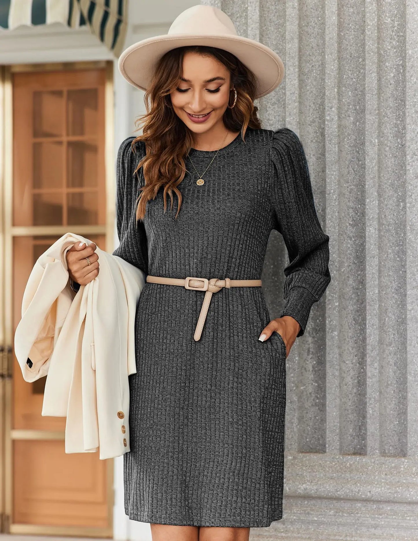 Abito da Donna in Maglia con Maniche a Palloncino e Tasche Laterali Autunno Inverno Comfort Quotidiano