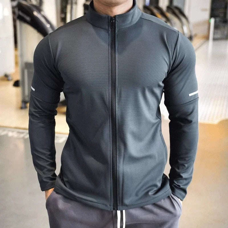 Felpa Con Zip Da Allenamento Per Uomo Manica Lunga Colletto Rialzato Tinta Unita Giacca Sportiva