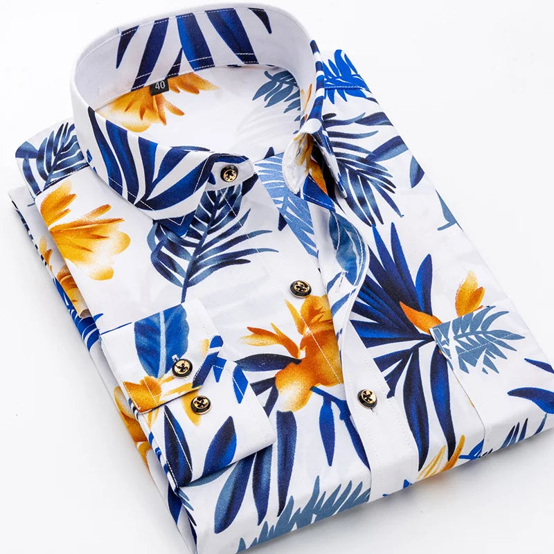Camicia Da Uomo Maniche Lunghe Stampa Color Block Elasticizzata Con Bottoni Per Vacanze Estive In Spiaggia