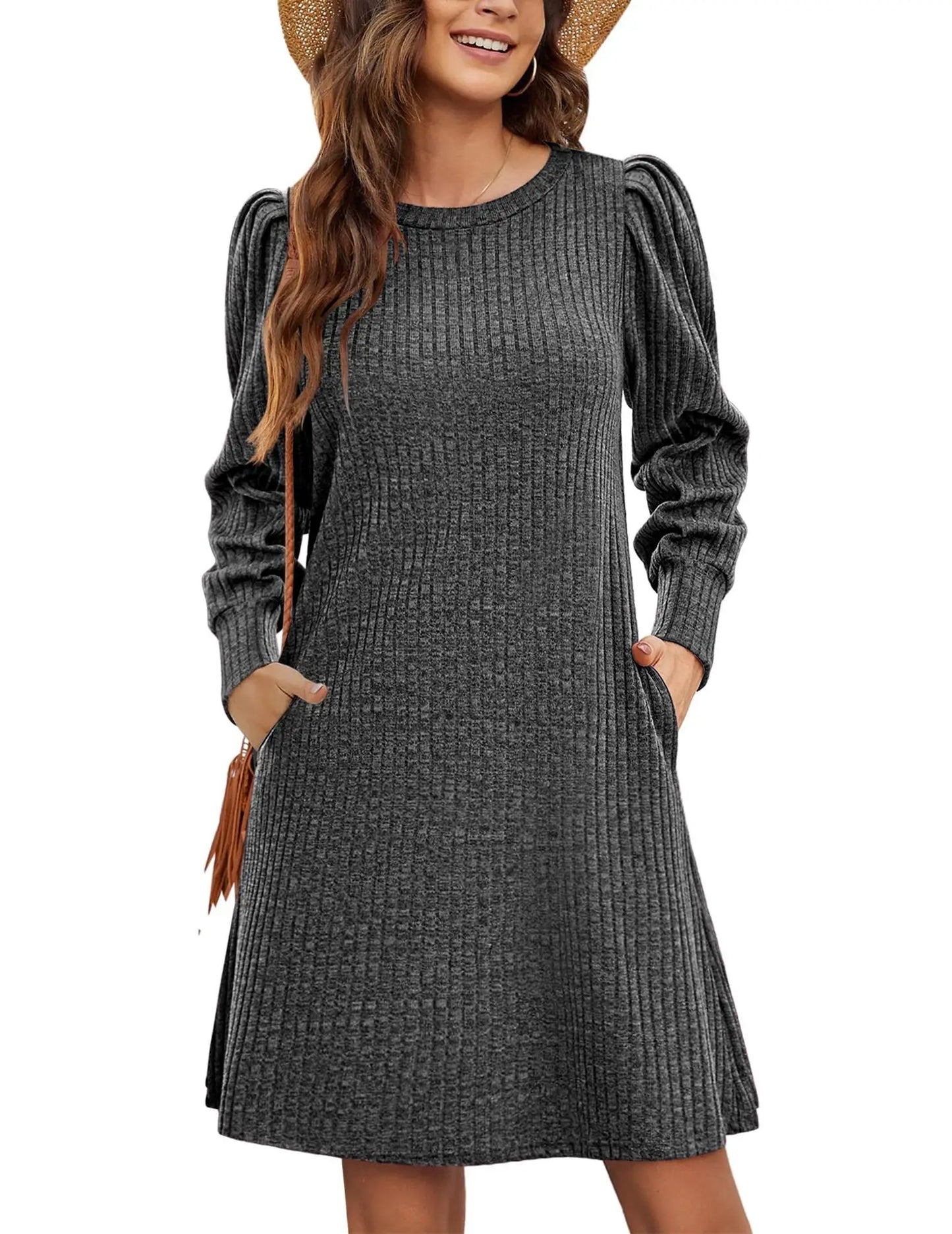 Abito da Donna in Maglia con Maniche a Palloncino e Tasche Laterali Autunno Inverno Comfort Quotidiano