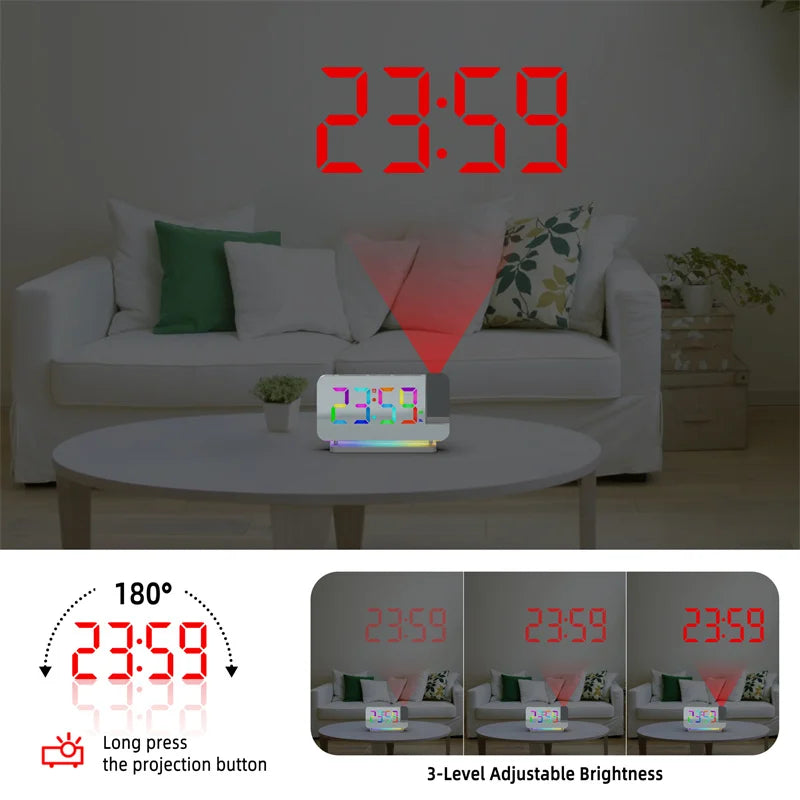 Radio FM a Proiezione 180 Gradi con Sveglia RGB e Luce Notturna 6 Livelli di Luminosità USB Doppia Uscita Orologio LED