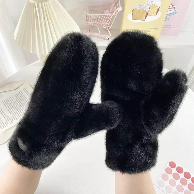 Guanti In Peluche Spessi E Caldi Con Cashmere E Pelliccia Di Coniglio Imitazione Per Donne Antivento Con Dita Intere