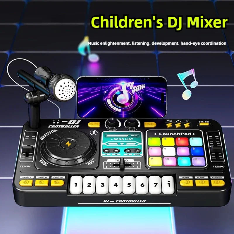 Controller DJ per bambini Mixer giocattolo musicale con microfono Luce a LED Gioco musicale elettronico Giradischi DJ per regali di compleanno per bambini
