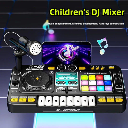 Controller DJ per bambini Mixer giocattolo musicale con microfono Luce a LED Gioco musicale elettronico Giradischi DJ per regali di compleanno per bambini