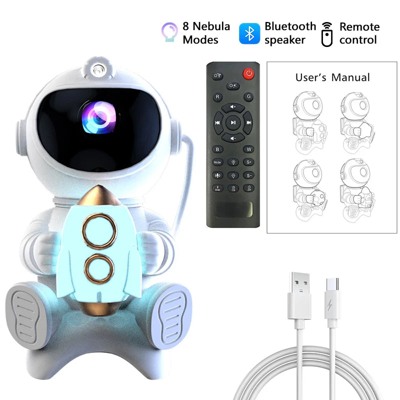 Proiettore galassia astronauta Proiettore luce notturna stella e luna Timer remoto Bluetooth 360 ° Angolo regolabile per regalo per bambini in camera da letto
