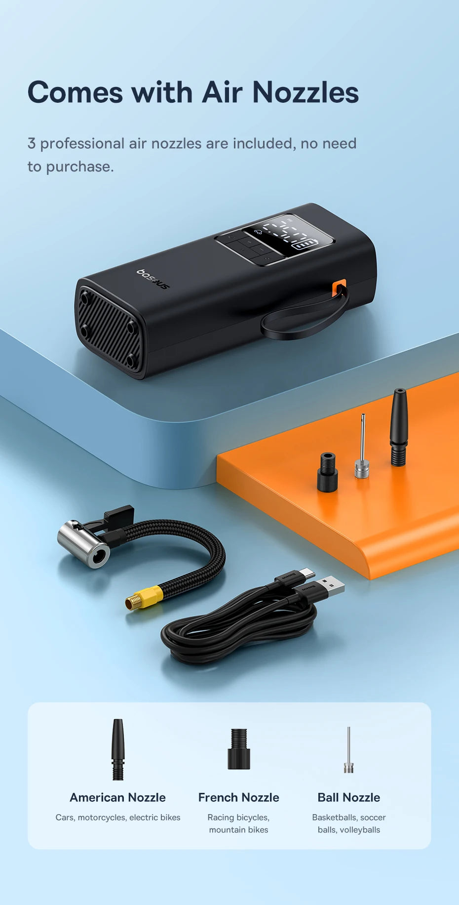 Baseus Pompa Aria Wireless Portatile Digitale 4000mAh Per Auto Moto Bici Gonfiaggio Veloce Controllo Digitale