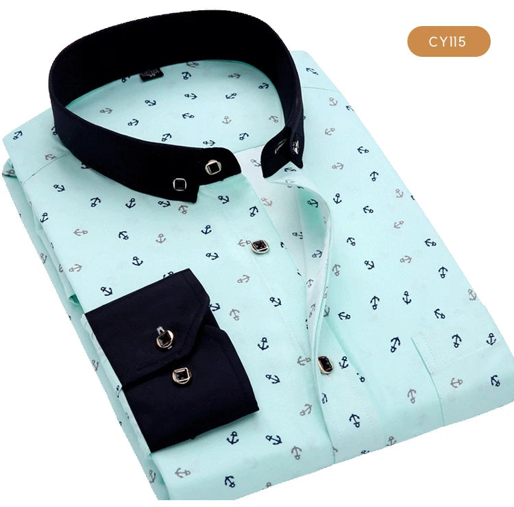 Camicia Da Uomo Maniche Lunghe Stampa Color Block Elasticizzata Con Bottoni Per Vacanze Estive In Spiaggia