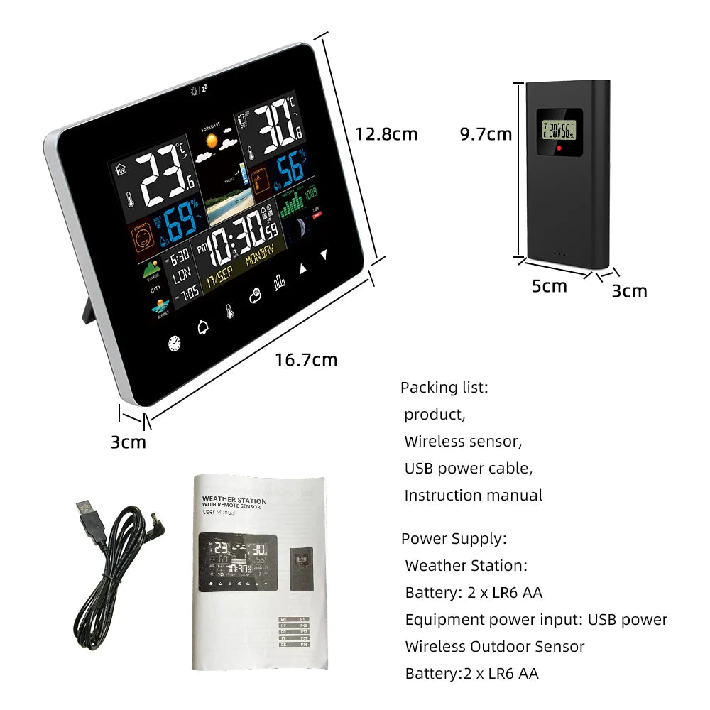 Stazione Meteo Multifunzionale Sveglia Touch Screen Termometro Igrometro Con Sensore Wireless Alba Tramonto Igrotermografo
