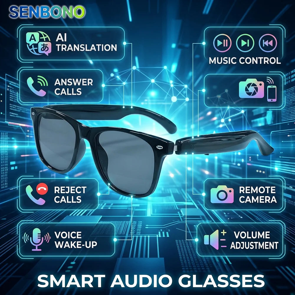 Occhiali Audio Intelligenti Senbono 2026 Traduzione AI Oltre 100 Lingue Chiamate Bluetooth Musica Occhiali Da Sole