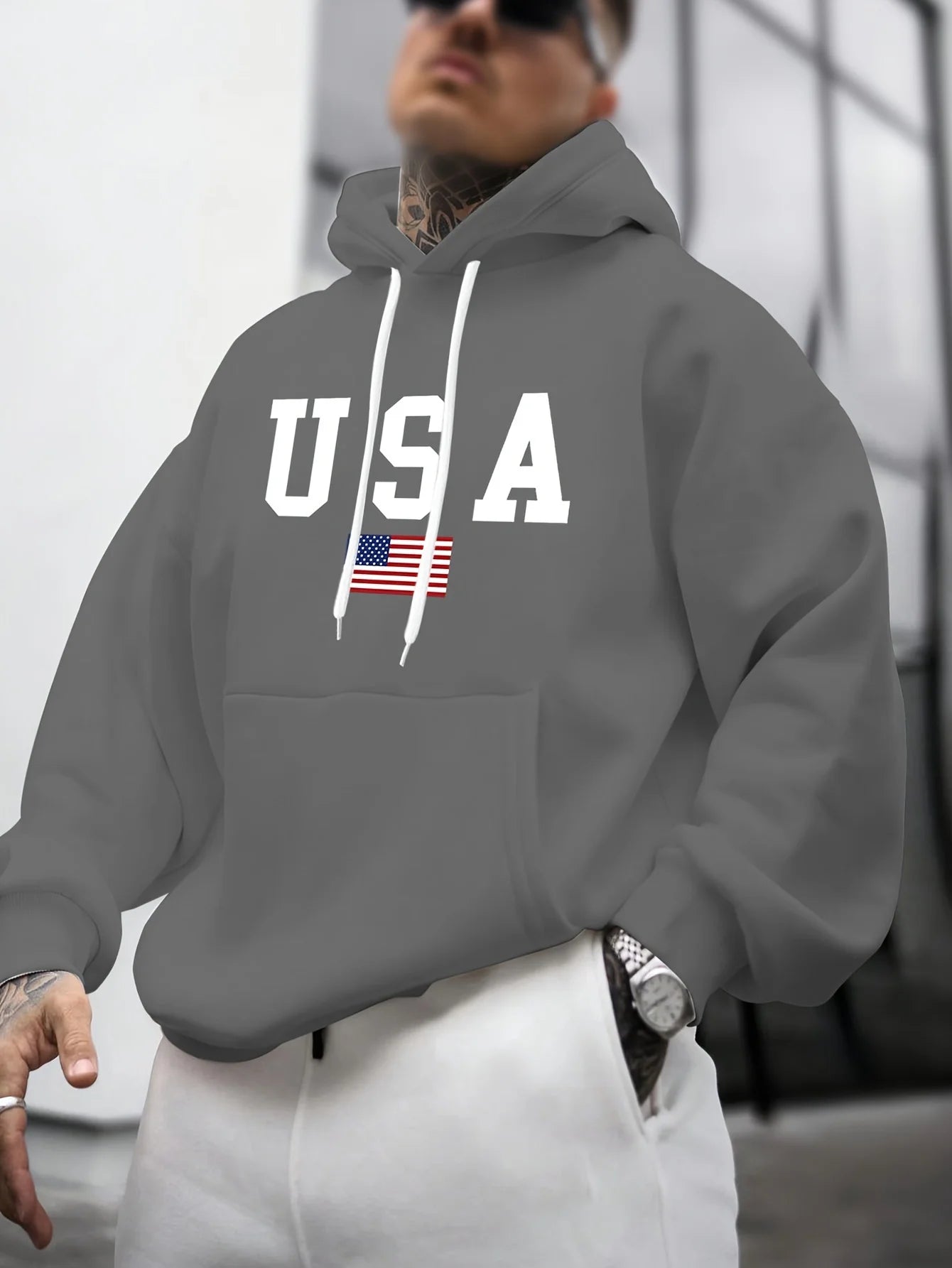 Felpa Con Cappuccio Da Uomo A Maniche Lunghe Con Stampa Grafica Bandiera Americana Allentata Caldo Autunno Inverno