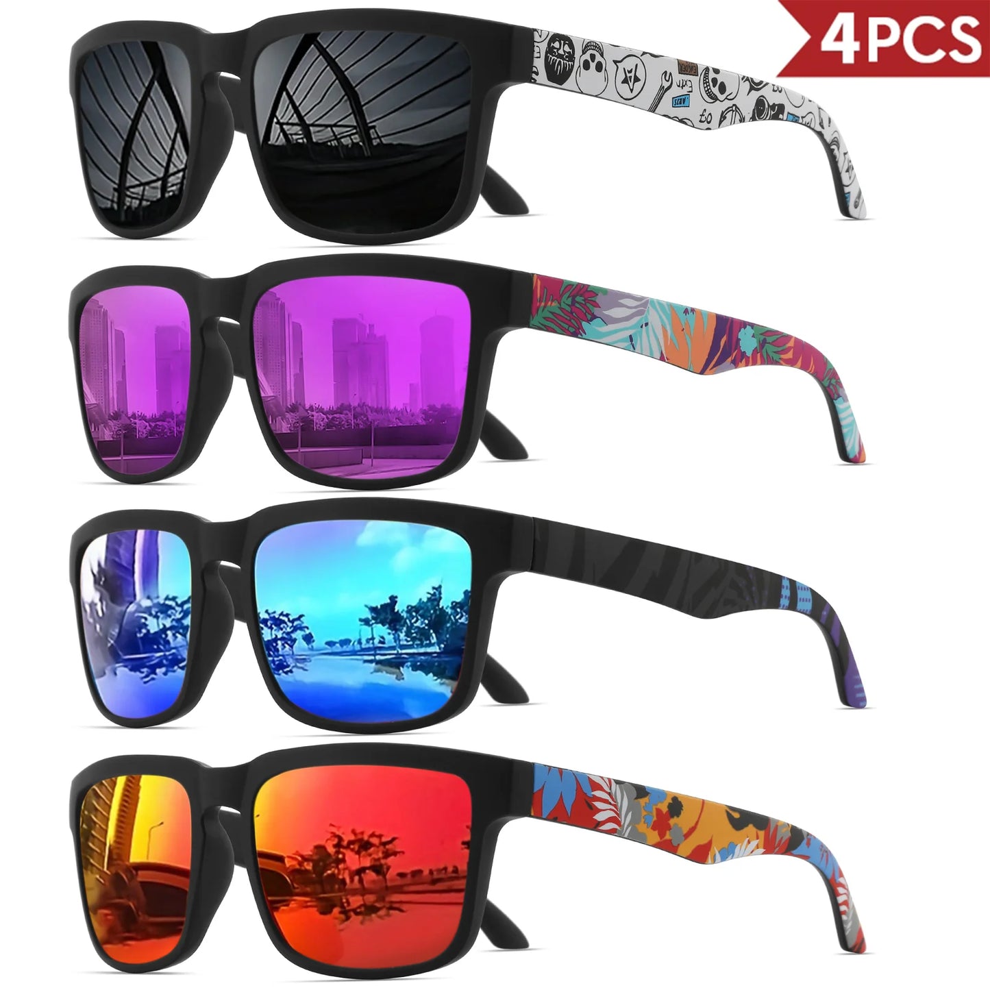 Occhiali Da Sole Sportivi Quadrati 4 Pezzi Motivo Tempio Design UV400 Per Uomini E Donne Vacanze Al Mare