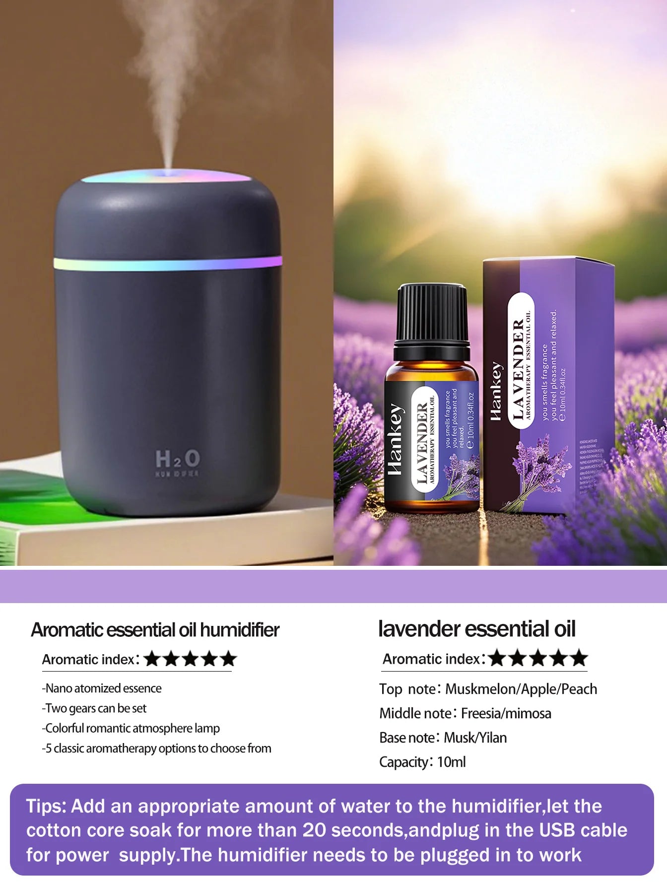 Diffusore Aromaterapia Umidificatore Purificatore D'Aria 300ml Luce a Sette Colori Olio Essenziale per Uso Domestico