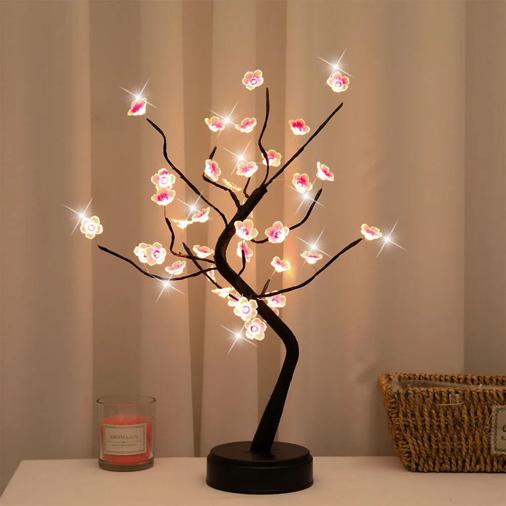 Albero Da Tavolo Notturno LED Bonsai Ciliegio Artificiale Interruttore Tattile USB Alimentato A Batteria Decorazione