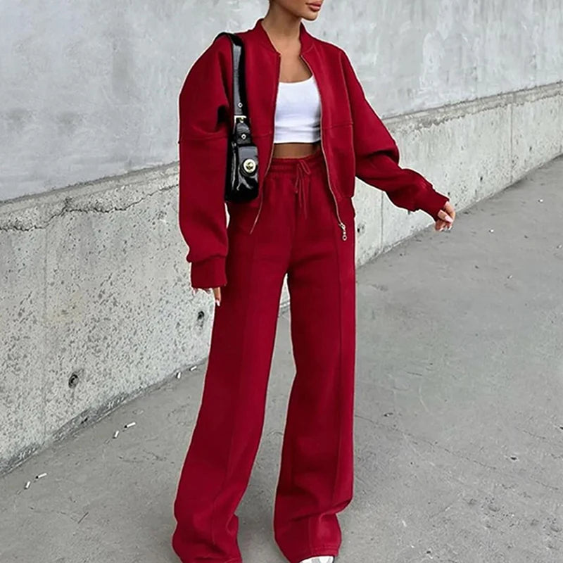 Set Di Tute Da Donna Casual Cardigan Corto Allentato Con Cerniera E Pantaloni Sportivi Con Coulisse Streetwear