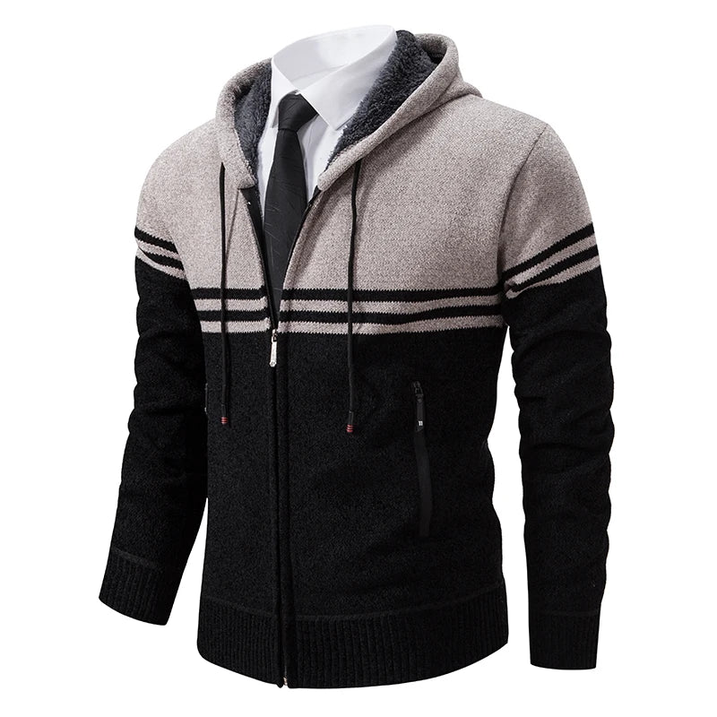 Nuovo Maglione Invernale da Uomo in Pile Spesso con Colletto Coreano e Cerniera Cardigan Casual a Righe