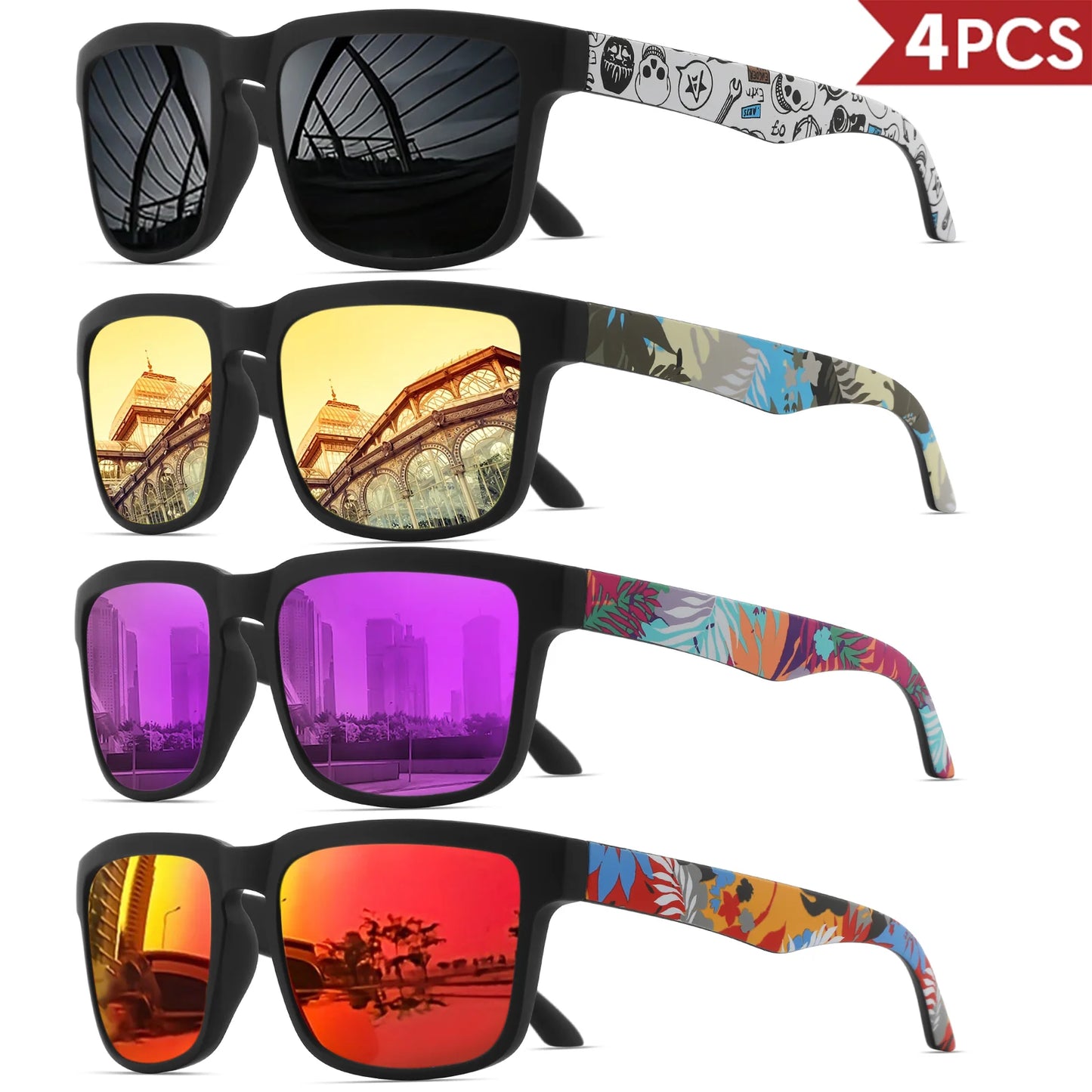 Occhiali Da Sole Sportivi Quadrati 4 Pezzi Motivo Tempio Design UV400 Per Uomini E Donne Vacanze Al Mare