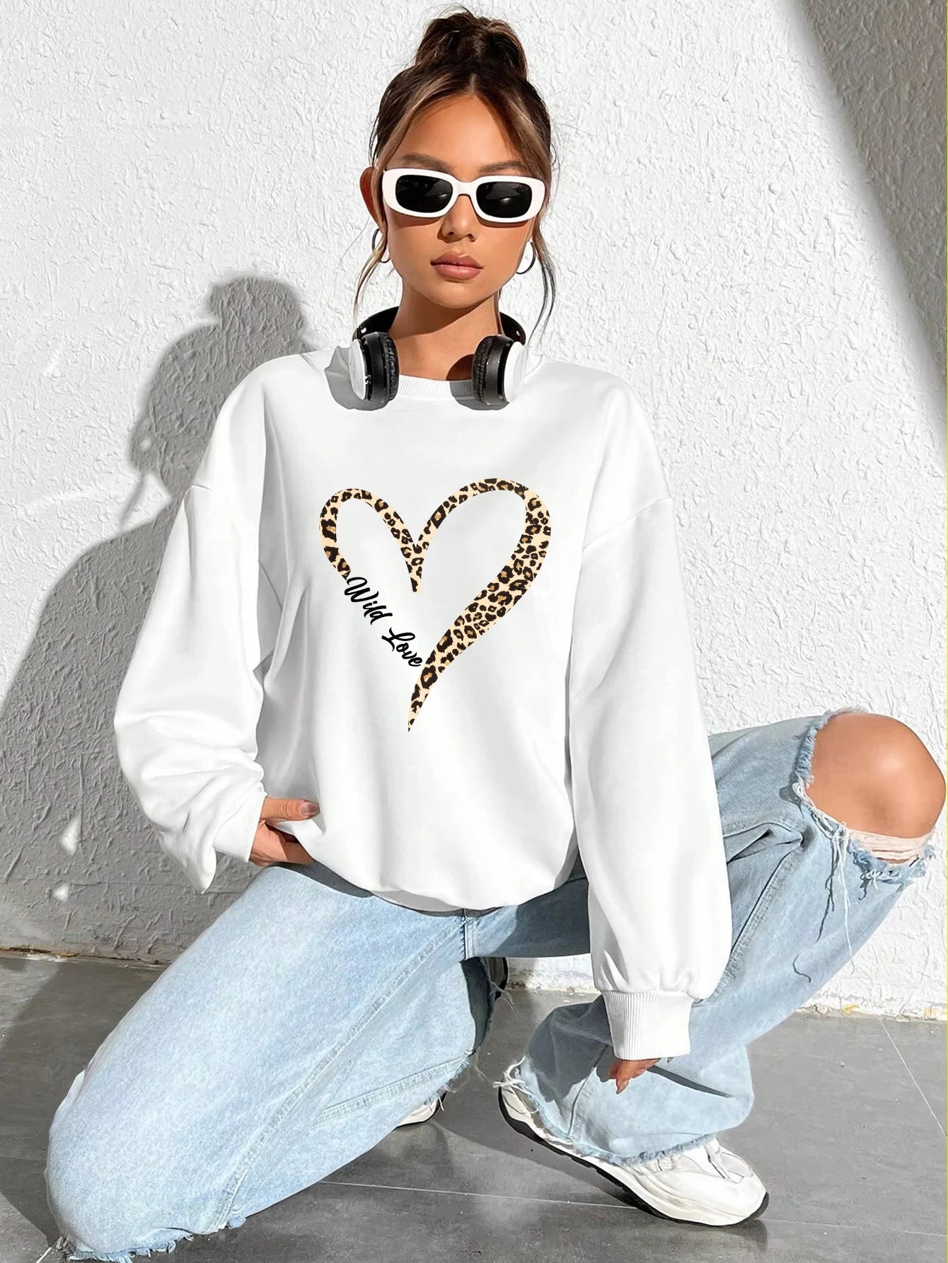 Felpa Da Donna Con Stampa Cuore Leopardato Selvaggio Fodera In Pelliccia Girocollo All Match Abbigliamento Hipster