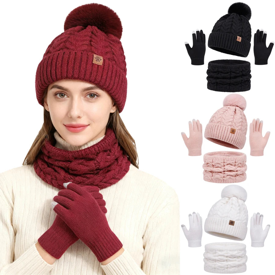 Set Cappello Invernale Donna Sciarpa Guanti Con Pompon Pelo Lavorato A Maglia Per Ragazze Adolescenti
