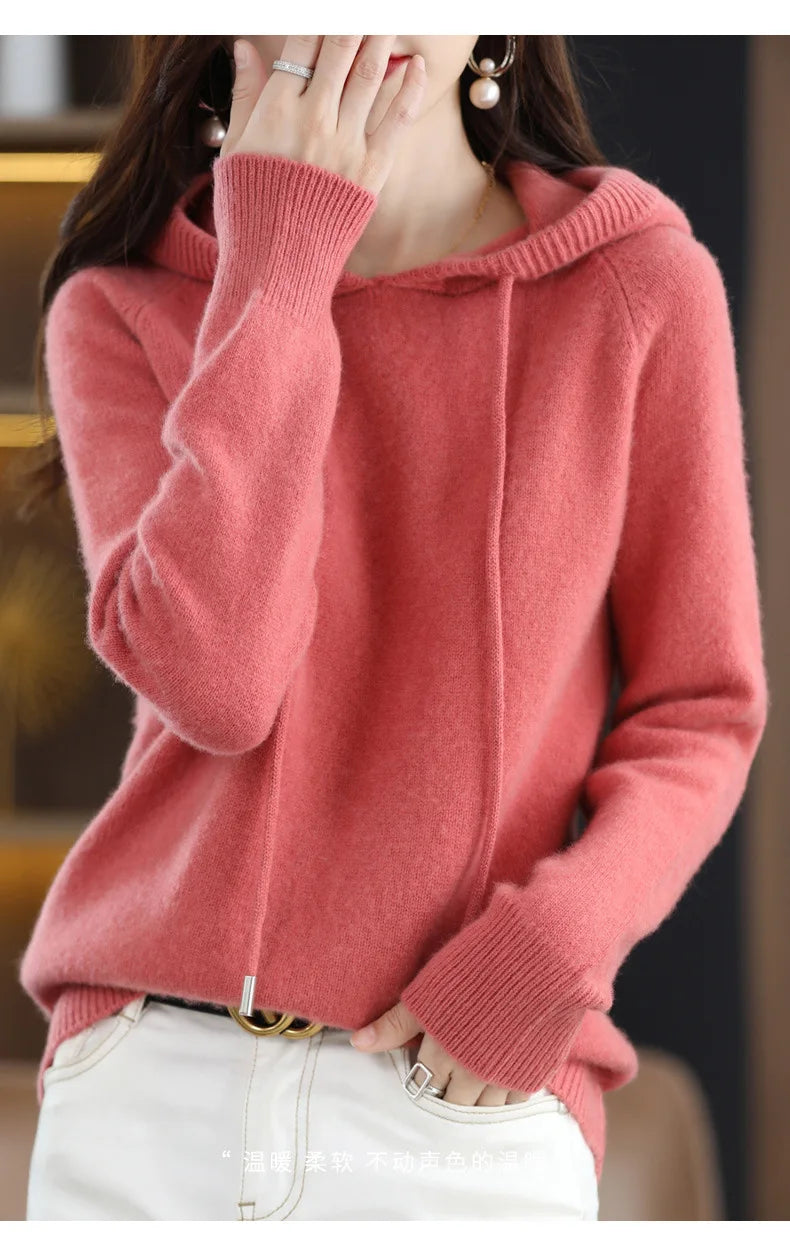 Maglione Con Cappuccio Donna Autunno Inverno Maniche Lunghe Tinta Unita Felpa Lavorata A Maglia Con Coulisse Allentate