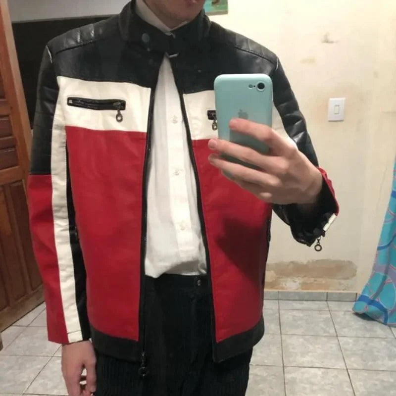 Giacca Da Moto Vintage Uomo Bomber Biker Con Zip Pelliccia Sintetica Cappotto In Pu Nero Rosso Marrone