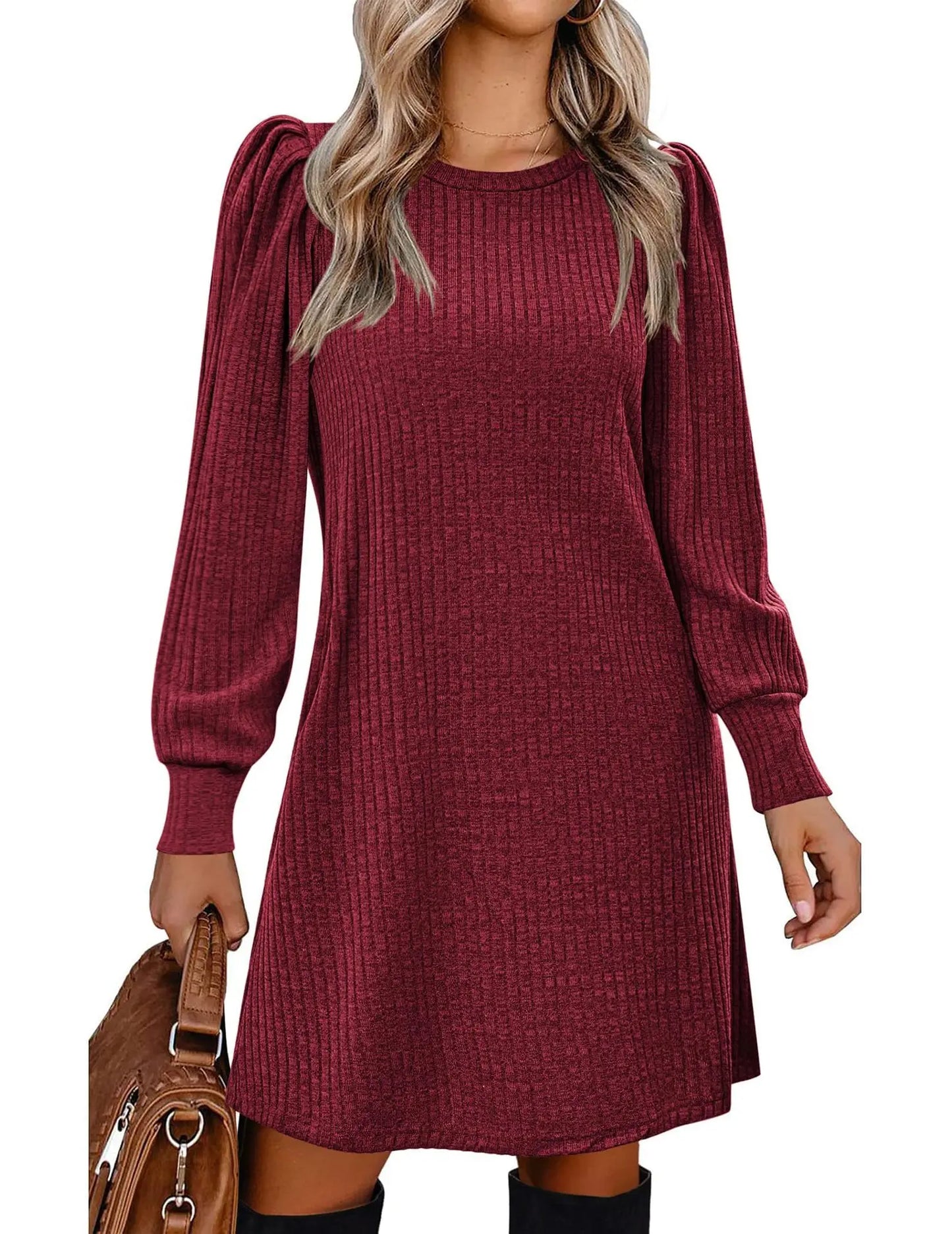 Abito da Donna in Maglia con Maniche a Palloncino e Tasche Laterali Autunno Inverno Comfort Quotidiano