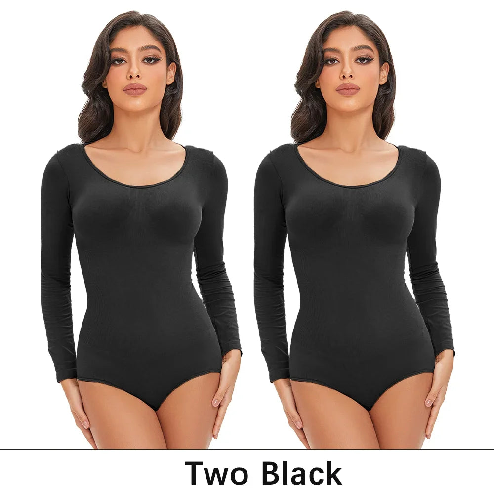 Pokarla Body Suit Spandex Elastico Shapewear Donna Controllo Pancia Manica Lunga Cavallo Aperto Girocollo Shaper