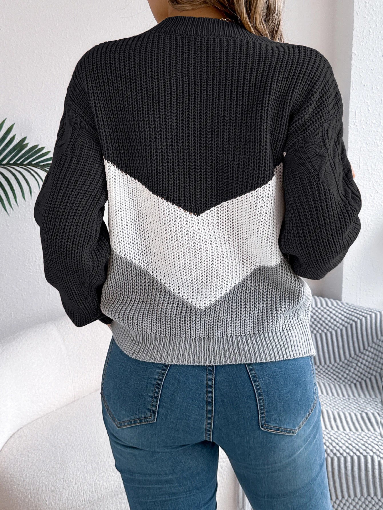 Pullover Lavorato A Maglia Autunno Inverno Color Block Manica Lanterna Collo A O Jersey Donna Elegante