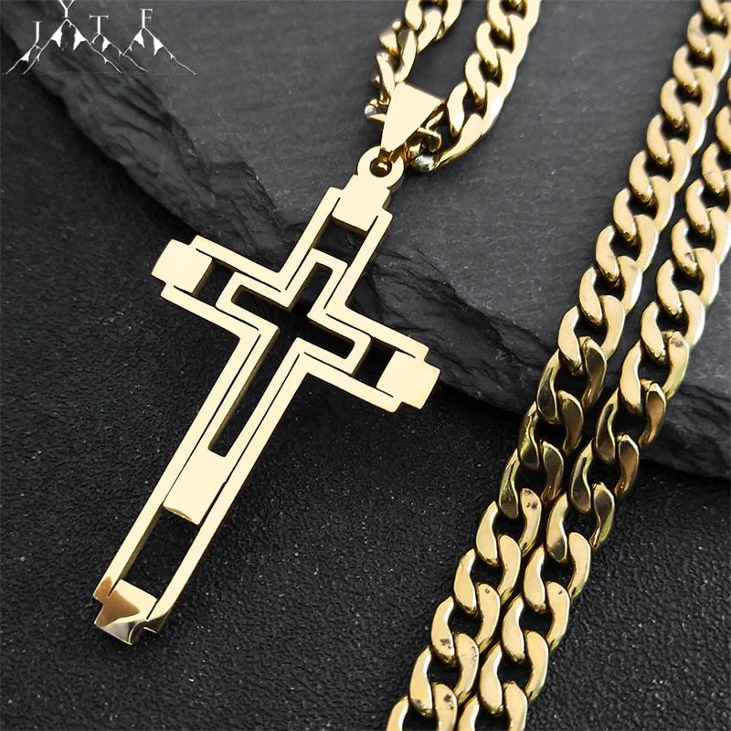 Collana Hip Hop Croce Unisex In Acciaio Inossidabile Con Pendente Lungo Dorato Oro N6055S05
