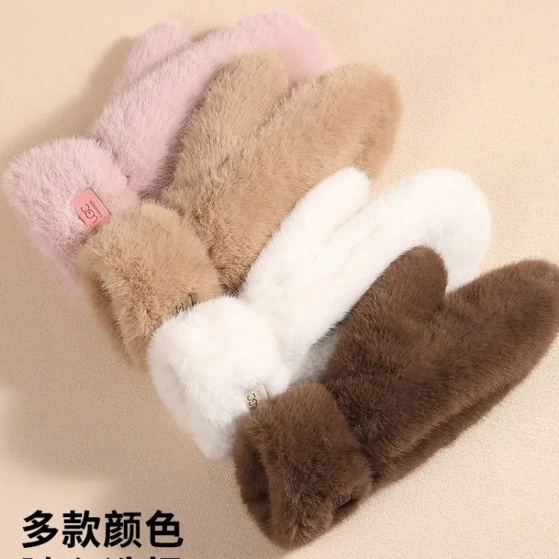Guanti In Peluche Spessi E Caldi Con Cashmere E Pelliccia Di Coniglio Imitazione Per Donne Antivento Con Dita Intere