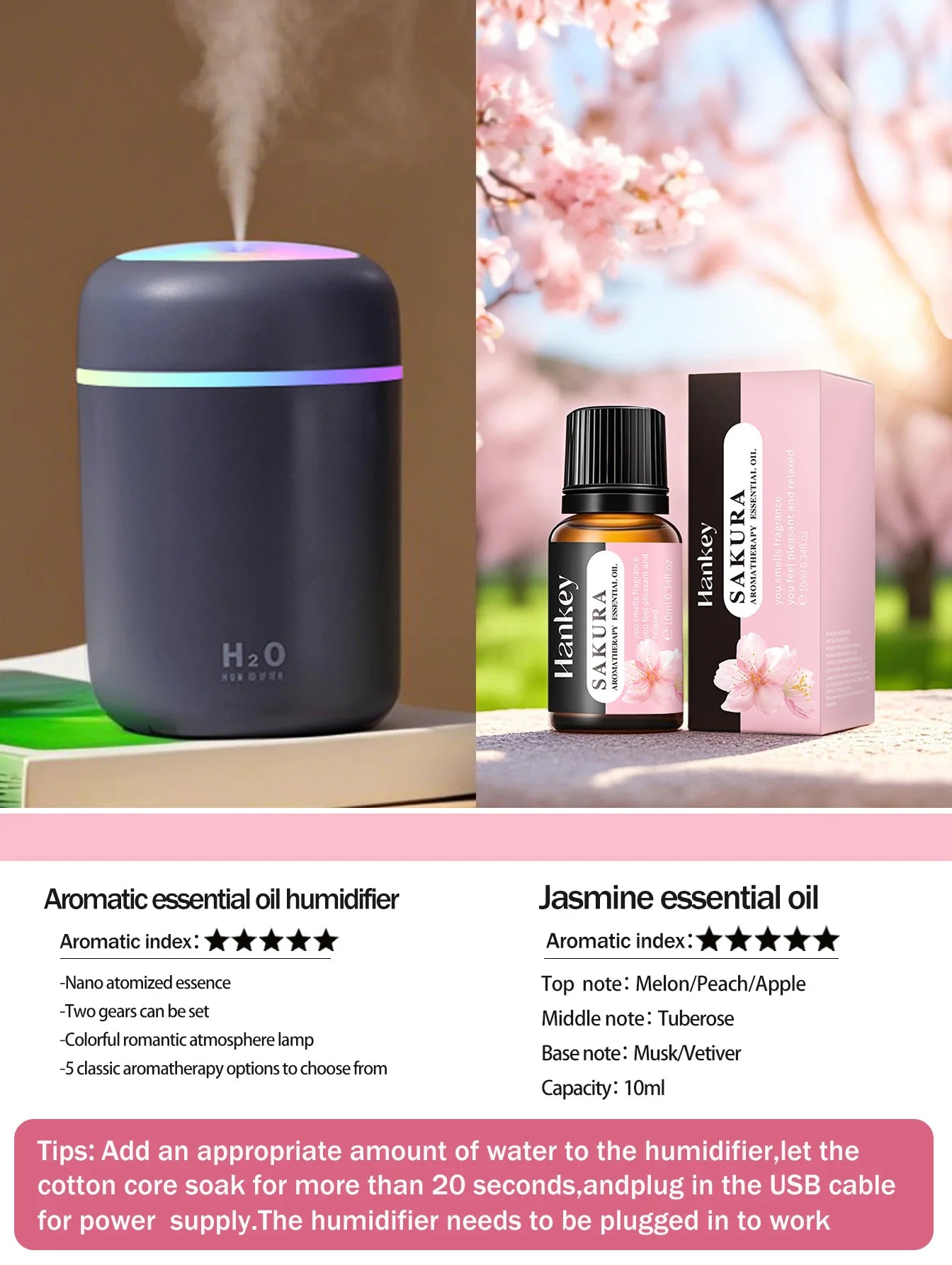 Diffusore Aromaterapia Umidificatore Purificatore D'Aria 300ml Luce a Sette Colori Olio Essenziale per Uso Domestico
