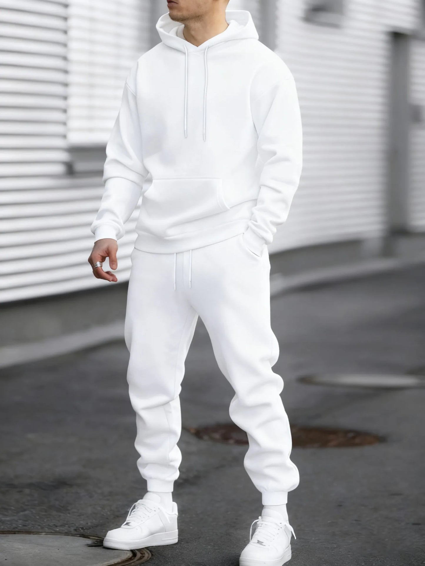 Jogging Solido Nuovo Da Uomo Streetwear All Match Felpa Con Cappuccio Pantaloni Sportivi In Pile Abiti Larghi Autunno