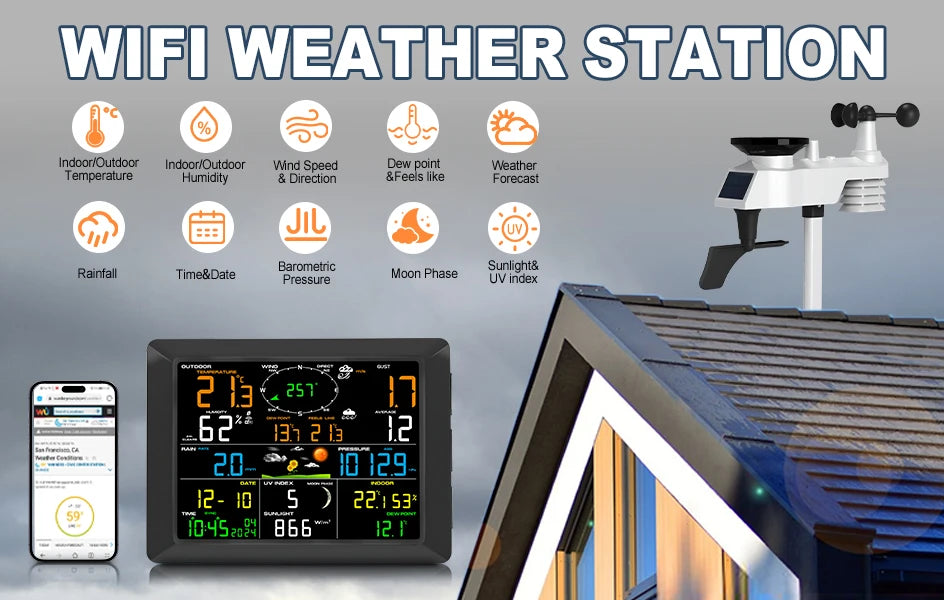 Stazione Meteo WiFi 8,3 Pollici 14 In 1 Sensore Solare Portata 328 Piedi Sincronizzazione In Tempo Reale Per Casa