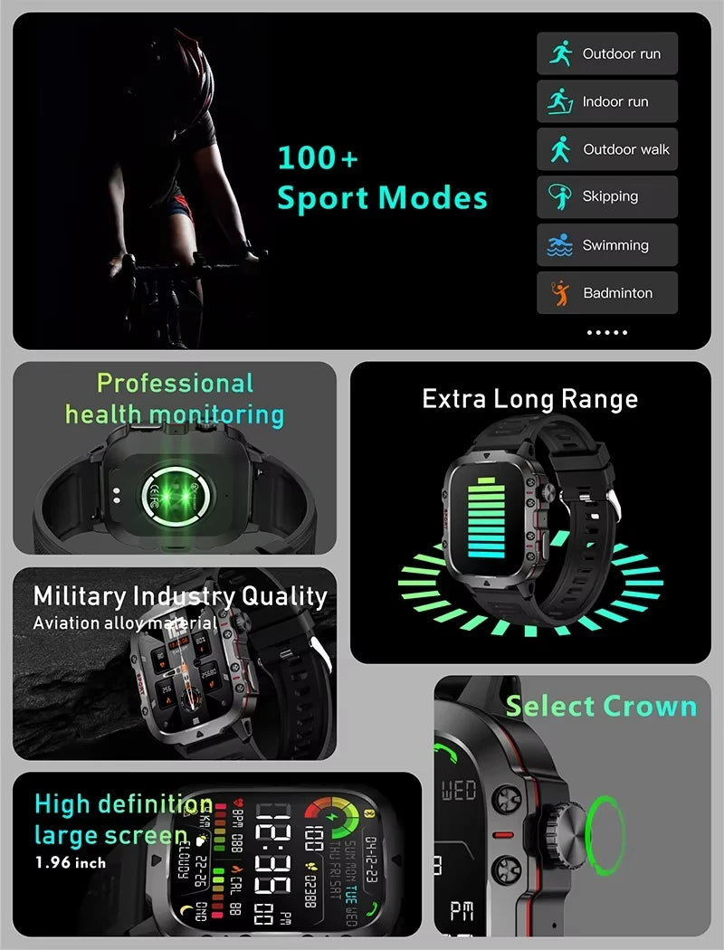 LAXASFIT Orologio Militare Da Uomo Smartwatch Con Schermo Touch HD Da 2.01 Pollici Chiamata Vocale Bluetooth