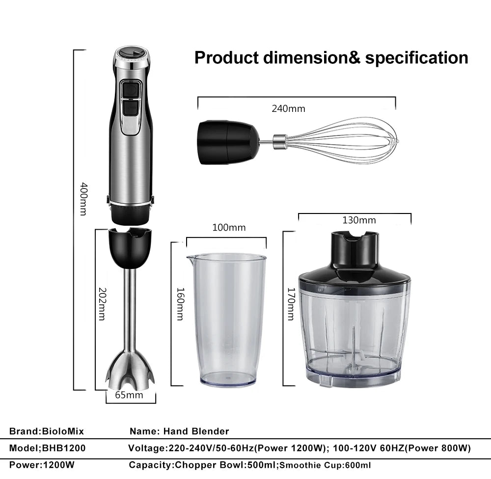 Frullatore A Immersione Biolomix 4 In 1 Ad Alta Potenza 1200 W Lame In Acciaio Inox Con Tazza Tritatutto E Frullato