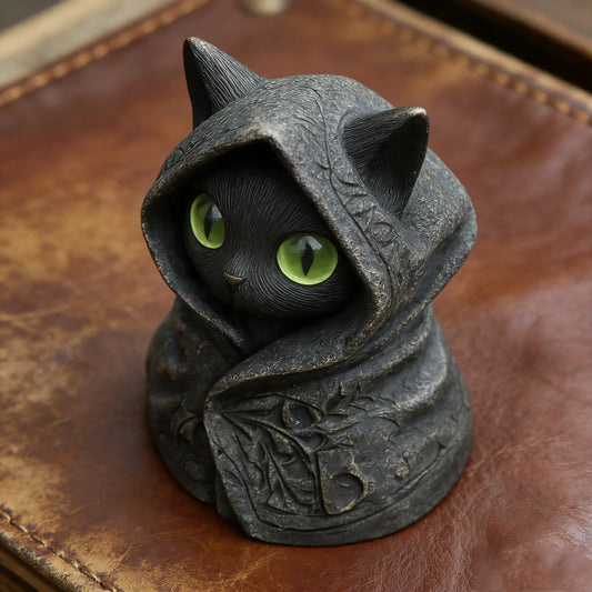 Statuetta Misteriosa Del Gatto Con Cappuccio Nero Gotico In Resina Con Mantello Nero E Occhi Verdi Per Collezione