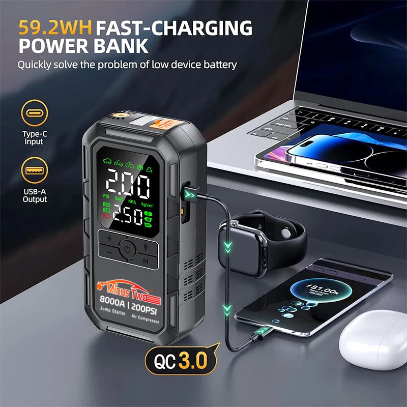 Avviatore D'Emergenza Auto 4 In 1 Con Compressore D'Aria Pompa Pneumatici 150 PSI Power Bank Portatile