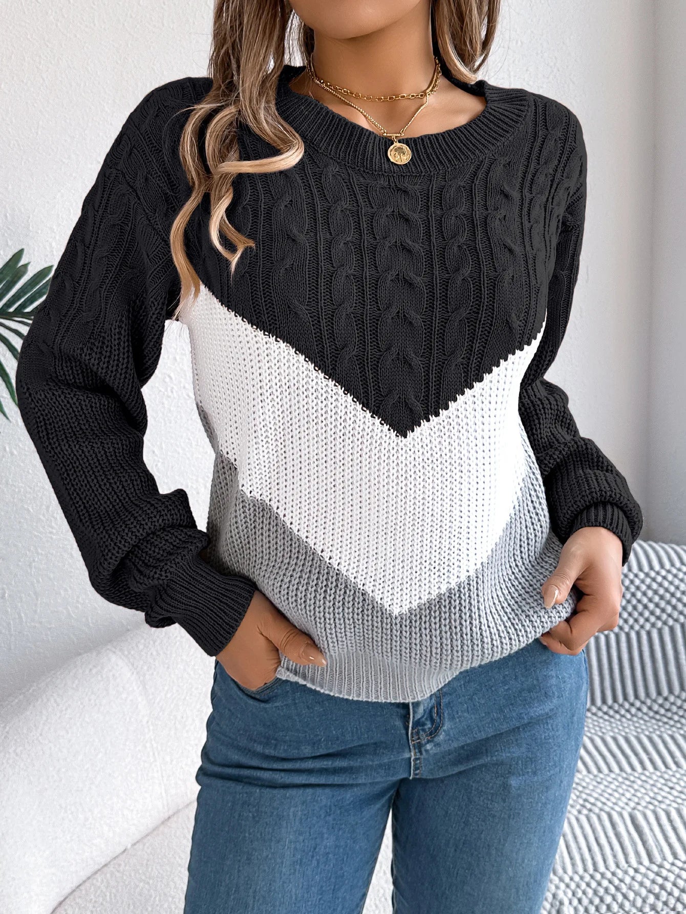 Pullover Lavorato A Maglia Autunno Inverno Color Block Manica Lanterna Collo A O Jersey Donna Elegante