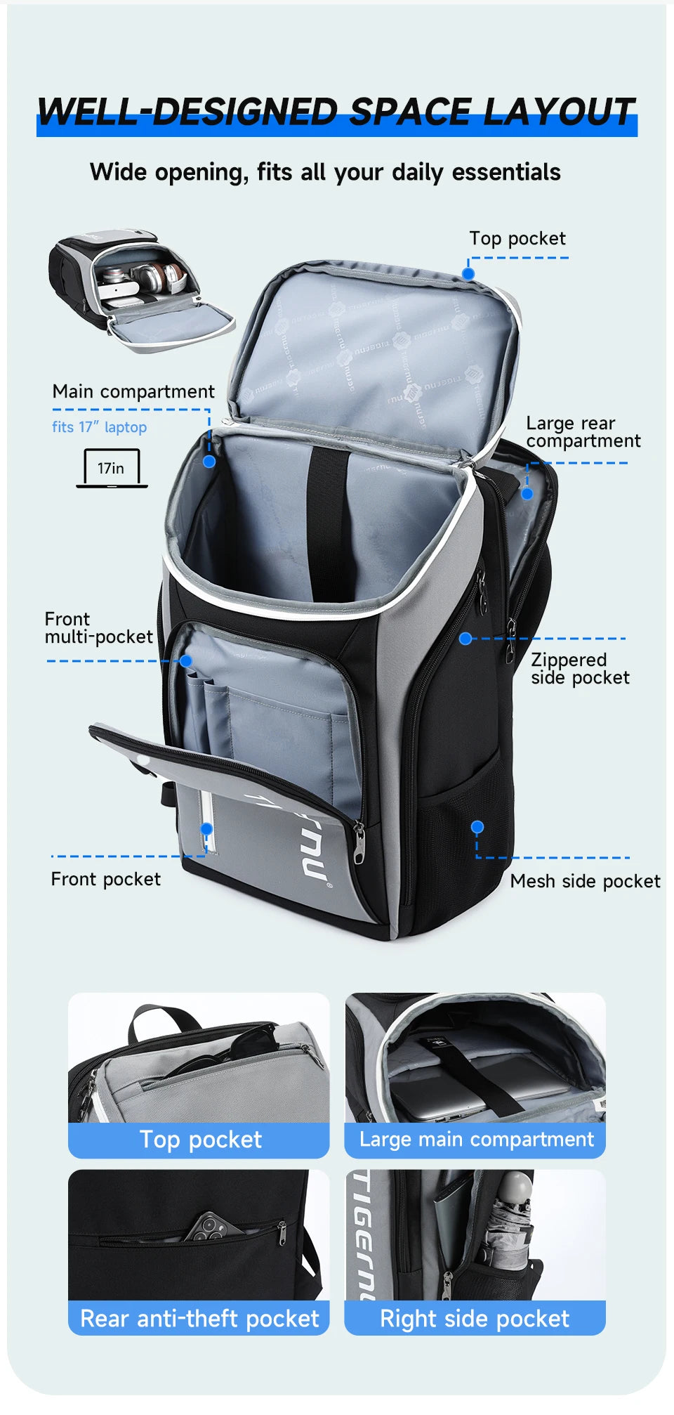Tigernu Zaino Sportivo Da Uomo 25L Per Viaggio Trekking E Badminton Grigio Nero Esterno