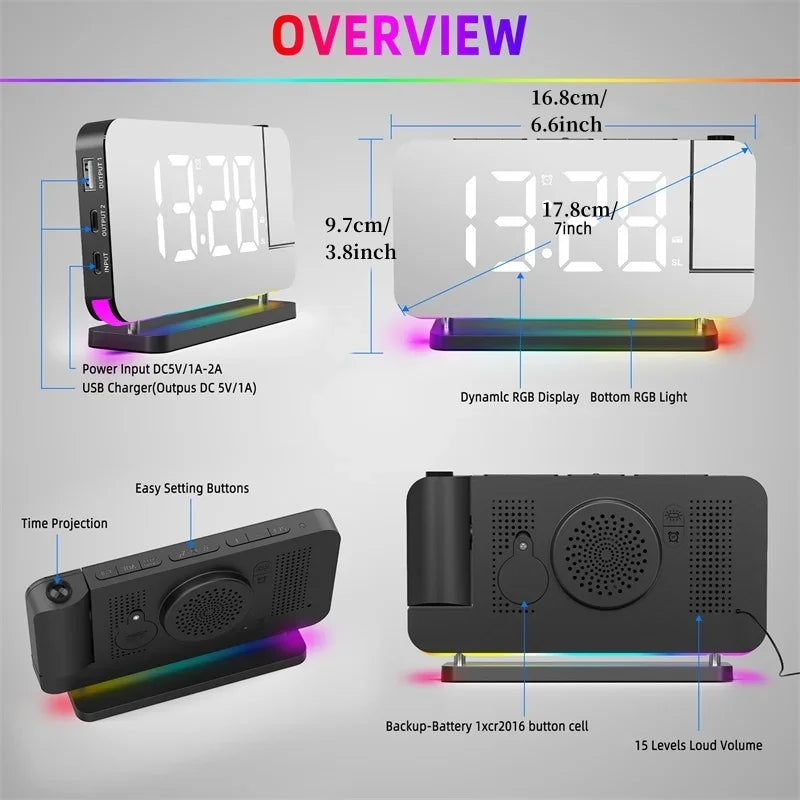 Radio FM a Proiezione 180 Gradi con Sveglia RGB e Luce Notturna 6 Livelli di Luminosità USB Doppia Uscita Orologio LED