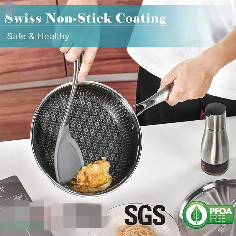 LMETJMA Padella in acciaio inossidabile Padella antiaderente a nido d'ape con coperchio Piano cottura elettrico a gas in ceramica a induzione compatibile KC0480