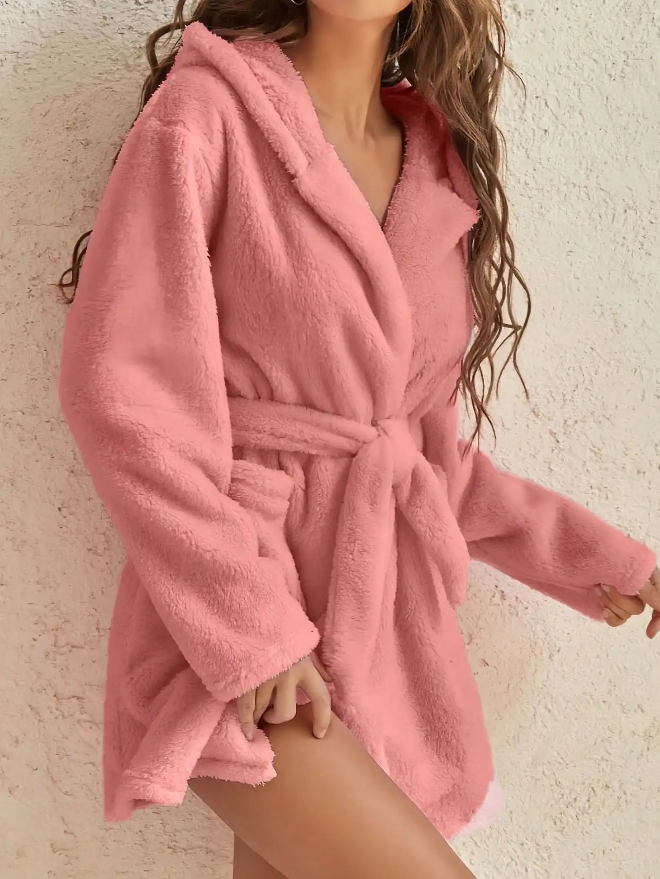 Vestaglia Da Donna Con Cappuccio Tinta Unita Con Cintura Calda E Morbida Per Casa Autunno Inverno