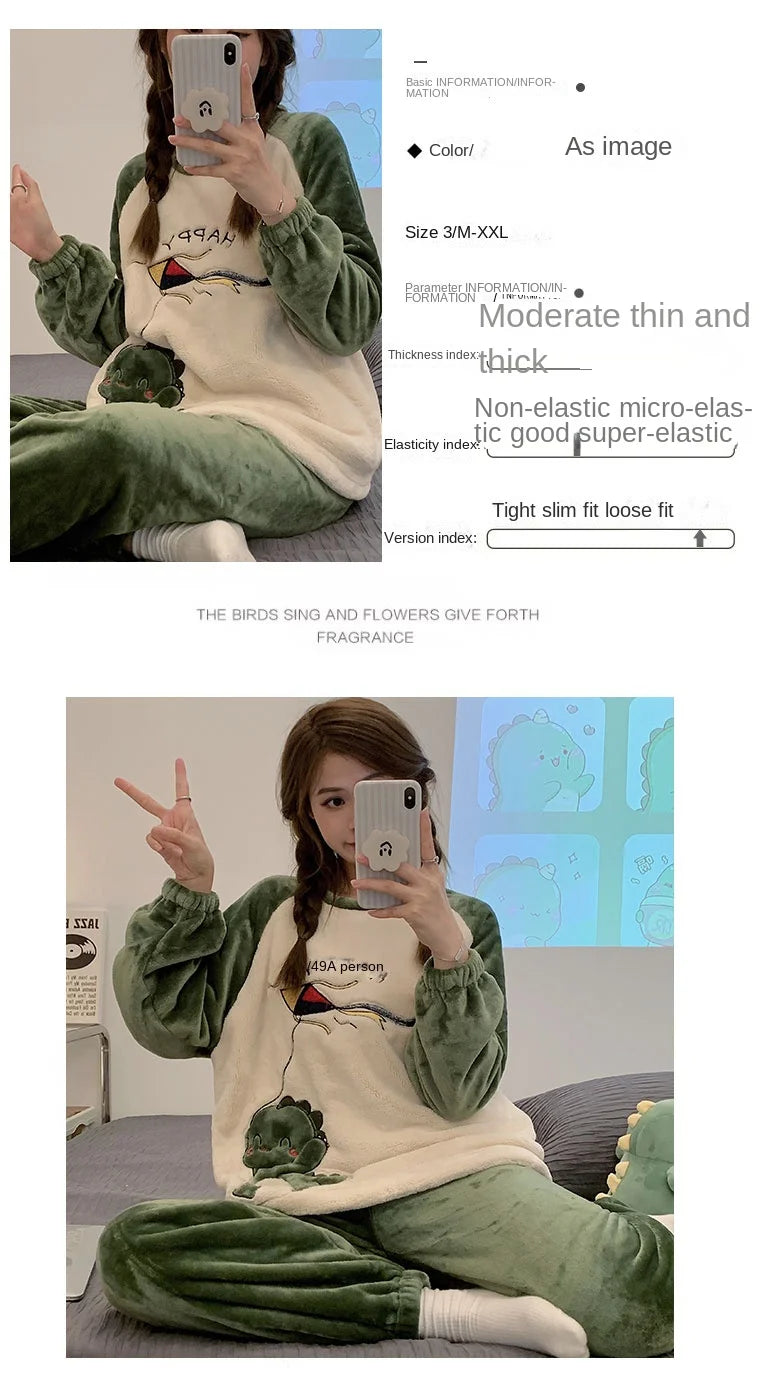 Pigiama Da Donna In Flanella Caldo Due Pezzi Autunno Inverno Pantaloni A Maniche Lunghe Morbido Carino Da Casa